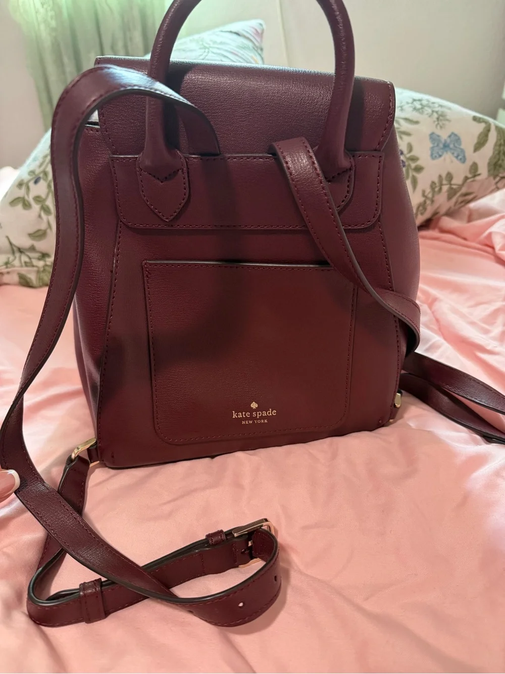 kate spade burgundy leather backpack with heart clasp